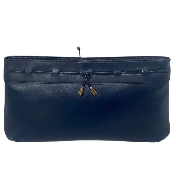 Vintage Etienne Aigner Navy Blue Leather Drawstring Clutch - Picture 1 of 10